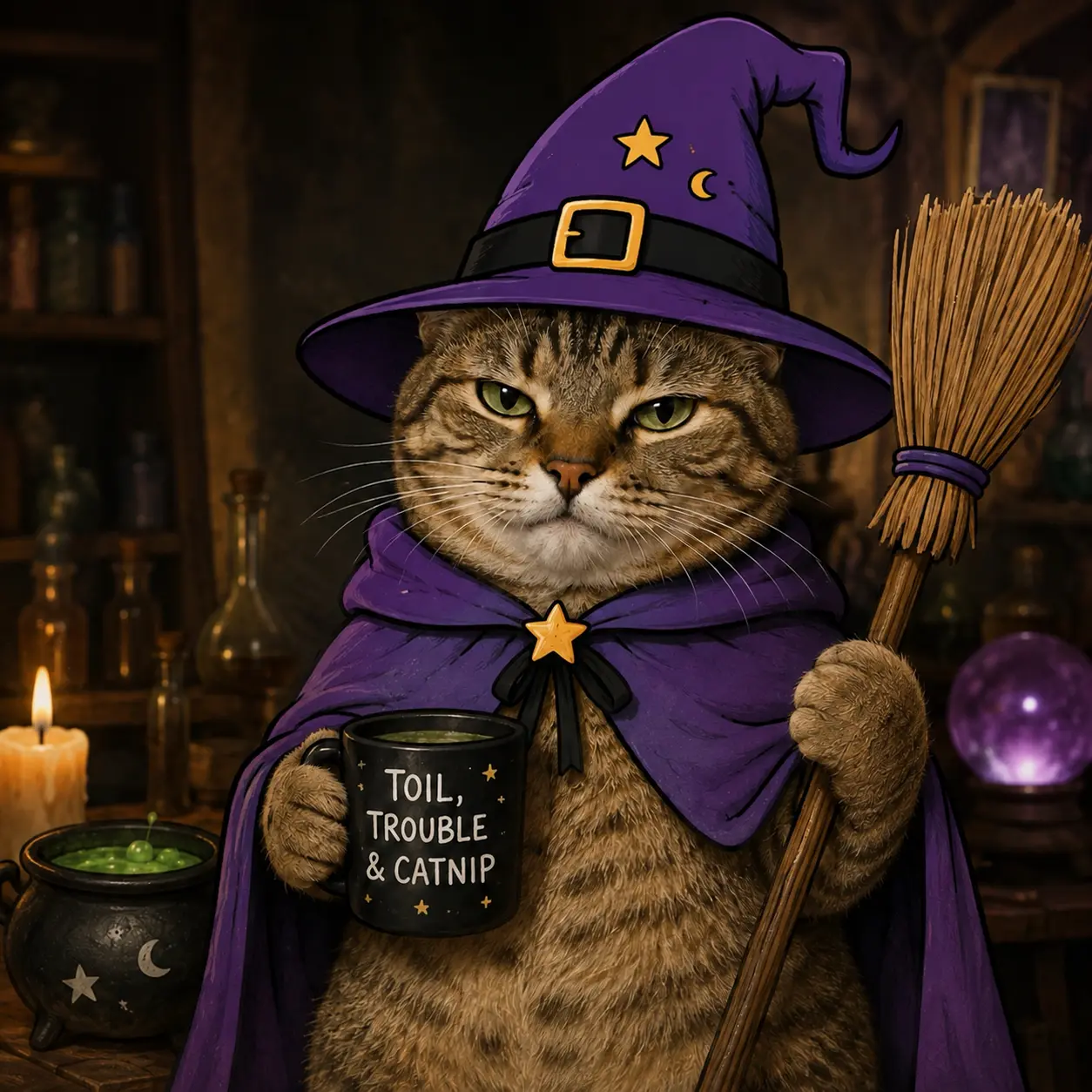 a grumpy tabby cat wearing a purple witch hat and cloak, holding a mug that reads toil, trouble & catnip